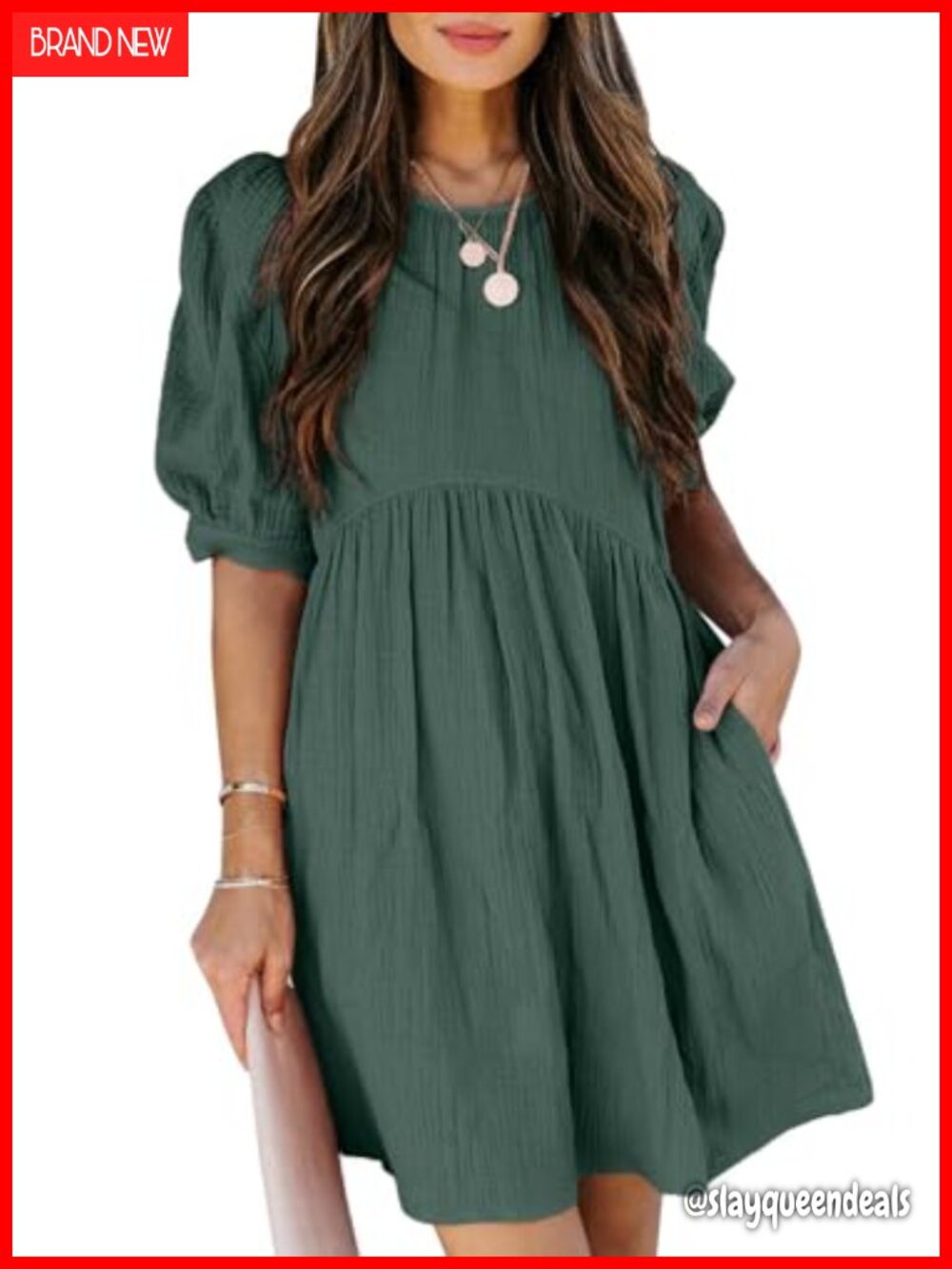 Womens Summer Crewneck Puff Sleeve Babydoll Mini Dress Loose Fit